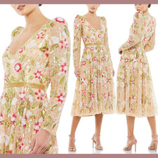 NWT 598 Mac Duggal 2 Long Sleeve Floral Beaded Midi Tea Dress Nude G1576