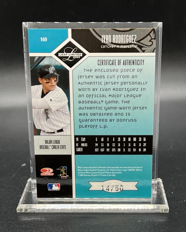 Camisetas Leaf Limited Threads 2004 usadas en juego/50 Iván Rodríguez #169 Salón de la fama Marlins Foto 4 de 4