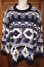 Vintage JJ BROWNE Acrylic Knit Mens Blue/White Aztec Sweater M Made in USA 1970s