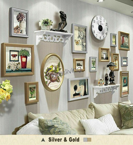 14 PCs Photo Frame Set Wall Art Decoration with Floating Shelf and Vintage Clock - Picture 5 of 21