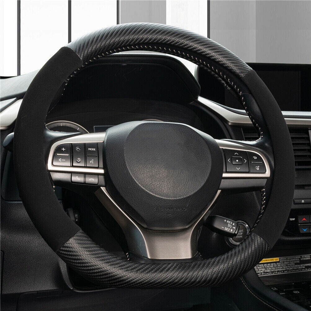 Carbon Steering Wheel Cover D Shape Car Van Pu Leather Non-Slip For 15'' / 38cm thumbnail 3