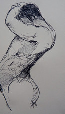 Original expressive pen and ink drawing of a man male nude standing in profile