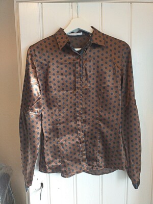 Used VGC Robert Friedman Sliky Brown Polka Dot Blouse Size Small Uk 8