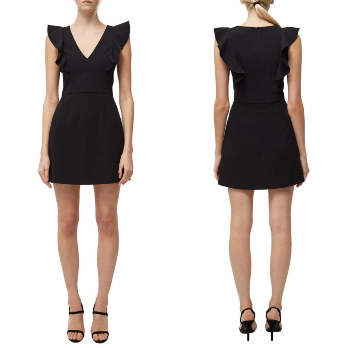 NEW FRENCH CONNECTION Black WHISPER V-Neck RUFFLE Cocktail MINI DRESS US 2