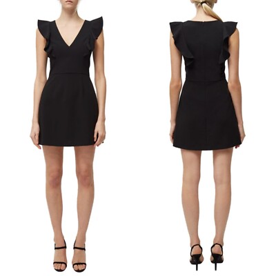 NEW FRENCH CONNECTION Black WHISPER V-Neck RUFFLE Cocktail MINI DRESS US 2