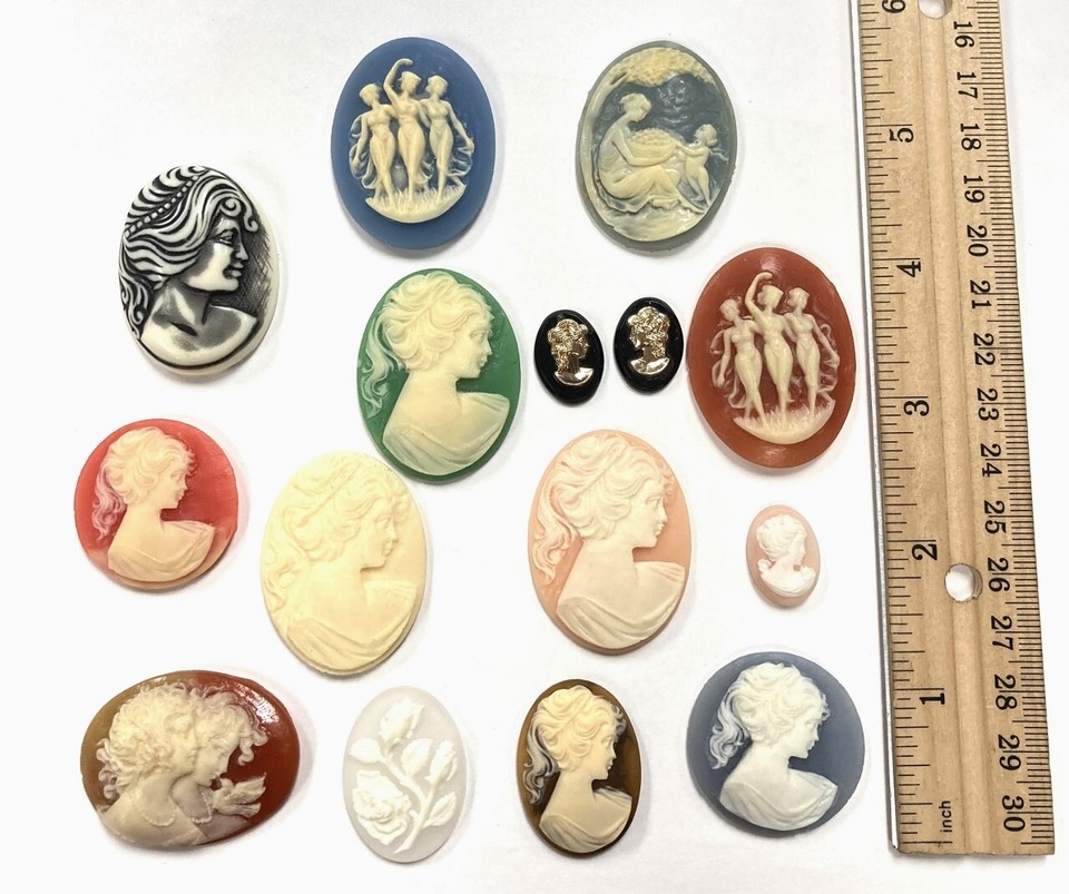 15 Vintage Resin Cameos Lot – West German, Hong Kong, Japan – DIY Jewelry Crafting