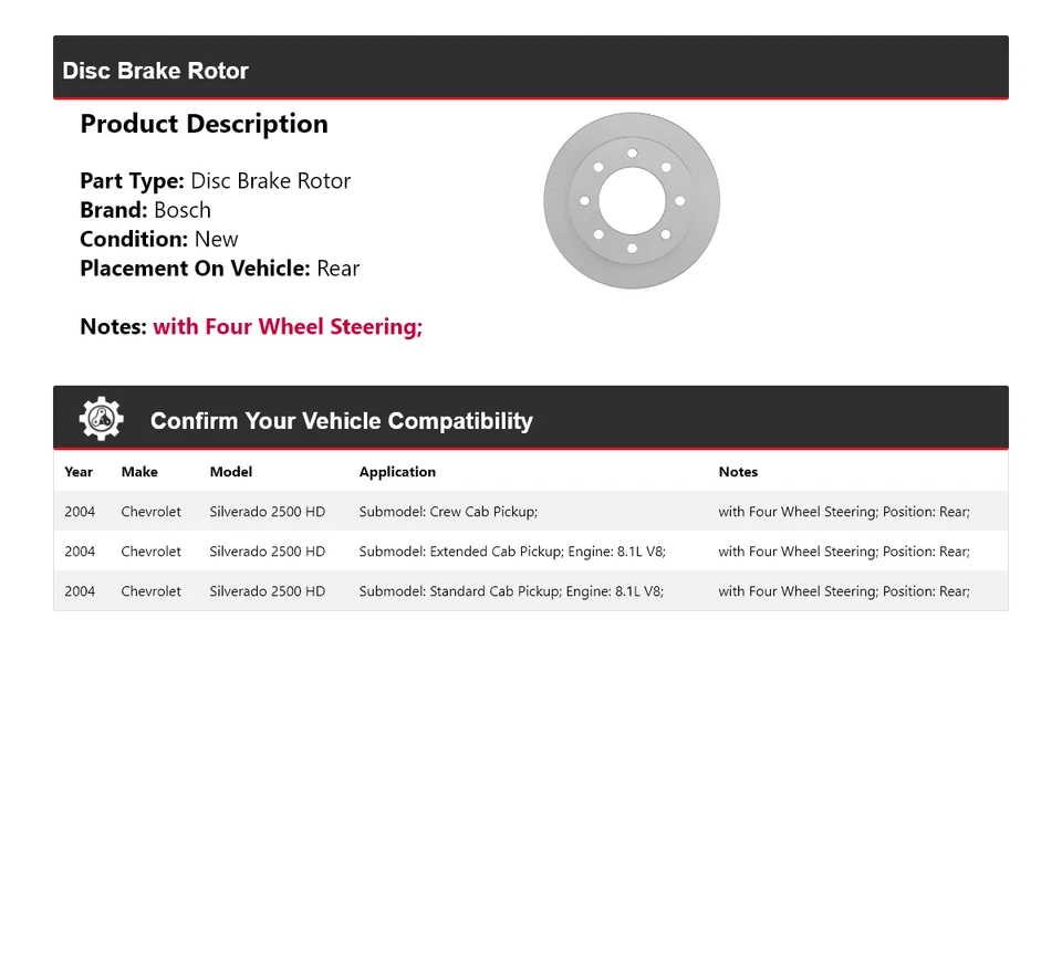 Rotor de freno de disco trasero Bosch QuietCast 2004 Chevrolet Silverado 2500 HD Foto 2 de 4