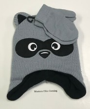 Toddler Raccoon Face Beanie Cap Mittens Combo NEW Kids Winter Weather Hat Set