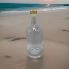 Decorative Heavy Base Clear Glass Bottle W / Gold Stopper Wine/Liquor 26oz