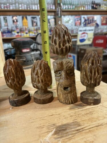 Morel Mushroom Man Wood Spirit Carving Sculpture With Mushrooms