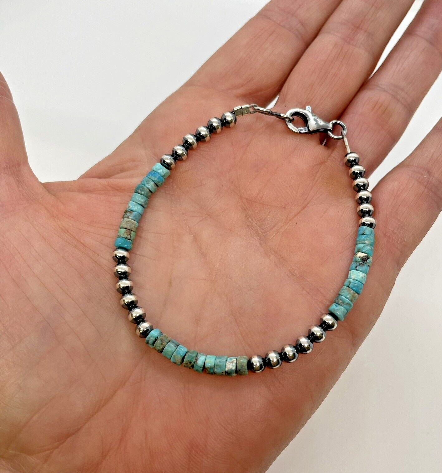 Navajo Green Turquoise Heishi Beads & Navajo Pearls Bracelet 7.5 inches Native