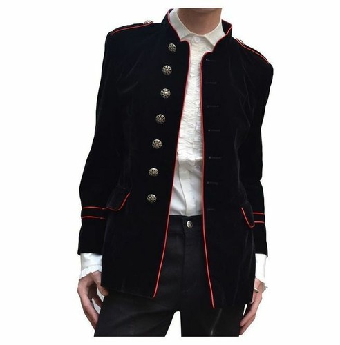 New Men's Military Style Coat Jacket Black Red Gothic Steampunk /USA Sizes - Picture 6 of 7