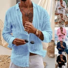 Men Long Sleeve Cotton Linen Dress Shirt Casual Solid Button-up Baggy Top❤