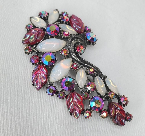 Vintage Florenza Brooch Red AB Heliotrope Silver Tone Opalescent Navette Signed - Picture 11 of 15
