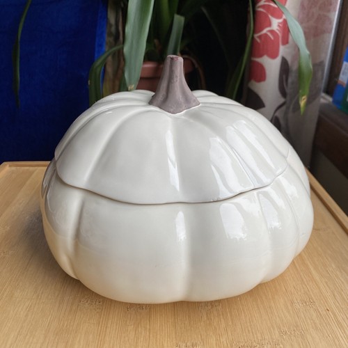 Crate & Barrel Large Cream Pumpkin Serving Bowl Container Made in Portugal