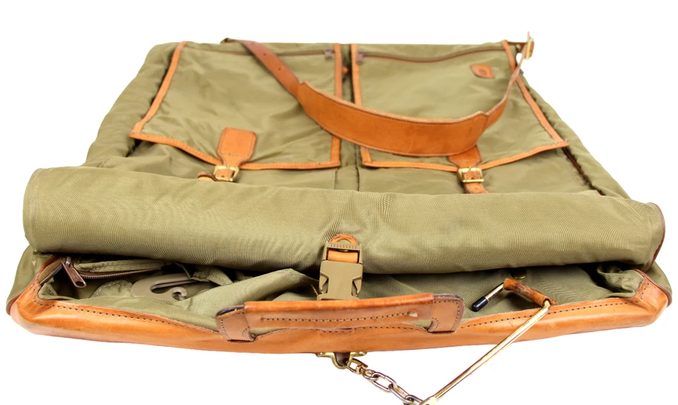 VTG Hartmann Tan Brown Leather Trim Green Nylon Garment Wardrobe Bag Full Size - Image 2 of 4