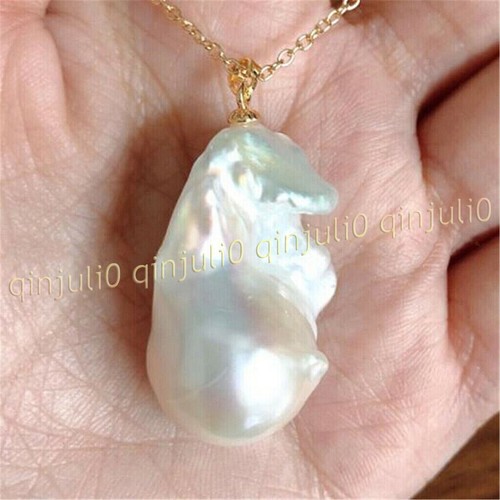 Riesige 20-25 mm Natur Weiß Barock Perle Anhänger Halskette Gold Kette 18 Zoll - Bild 5 von 7