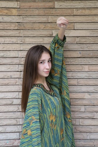 100% Crepe Silk Green and Blue Kaftan Set Dress V- Neck Long Women Dress MG1070 - Picture 7 of 11
