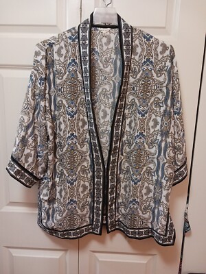 Max Studio Shirt Sarong Tunic L White W Med Blue Tan Blk Open Front 3/4 Slv EUC