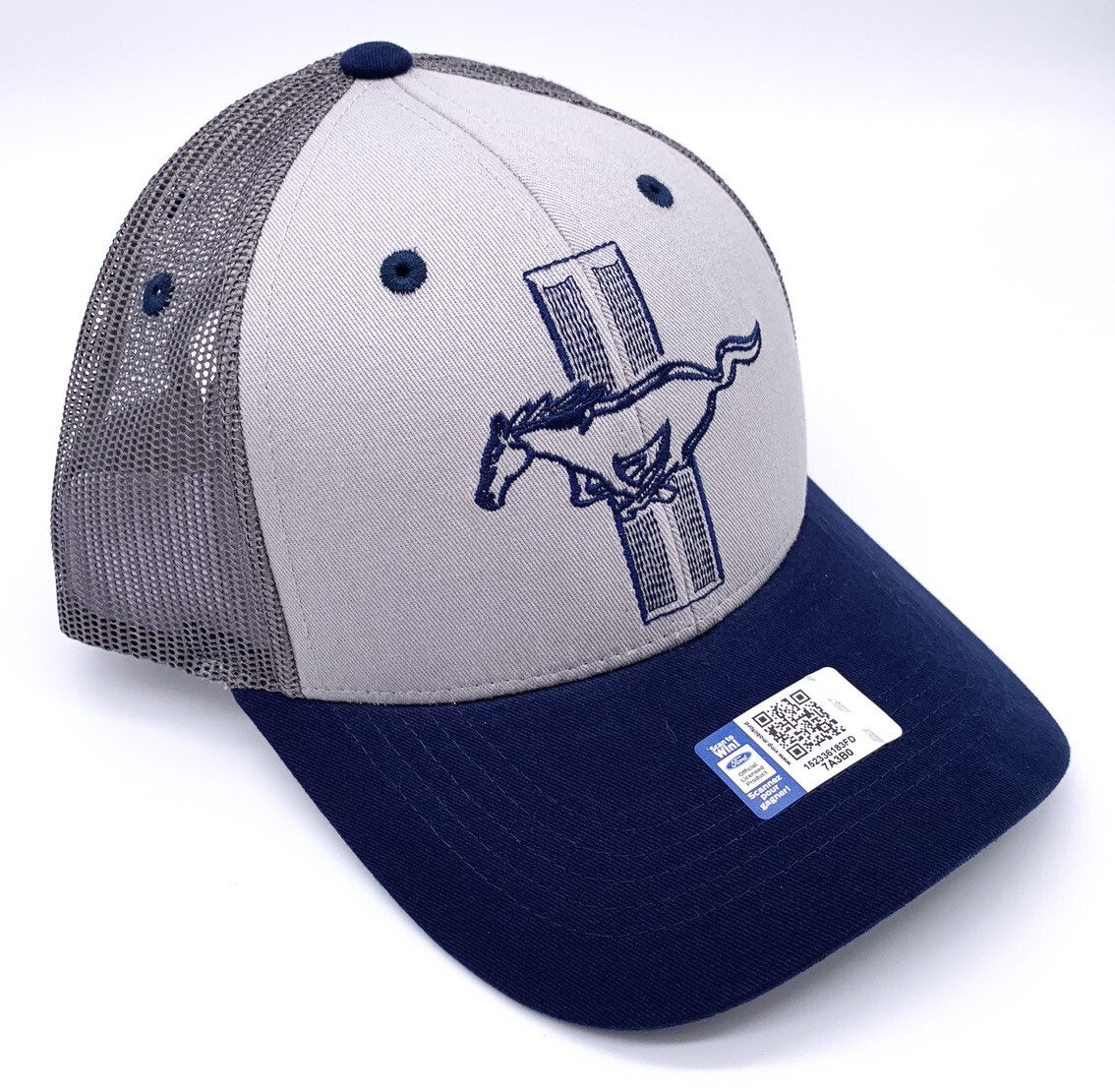 Cappello cappello camionista con emblema griglia pony Ford Mustang grigio e blu navy