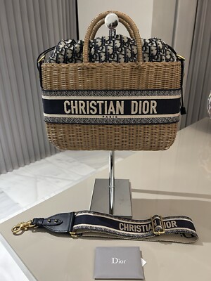 Christian Dior Large Wicker Basket Bag Blue Oblique Canvas Rare