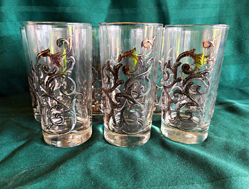 7 pc Vintage Silver Filigree Libbey Ornsini Highballer/ Tall Tumbler