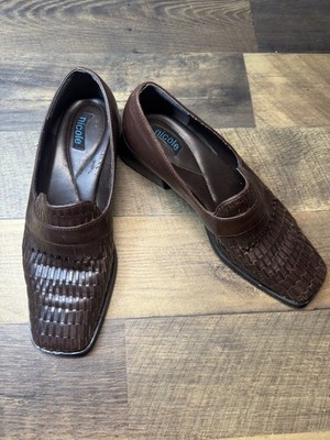 Nicole Slip-on Shoes Women's Size 9M Brown Leather Woven Square Toe Brazil