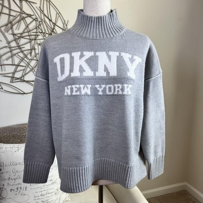 DKNY New York Logo Knit Sweater Womens Medium Gray Mock Neck 