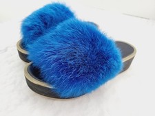 Blue summer real fur women slippers sandals 36EU Outdoor Platform Handmade