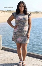Boho Plus Size Women's USA Green Camo Camouflage Floral Flutter Dress 1X 2X 3X