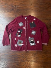 Croft Barrow Woman 1X Red Christmas Zip Cardigan Snowman Winter Sweater