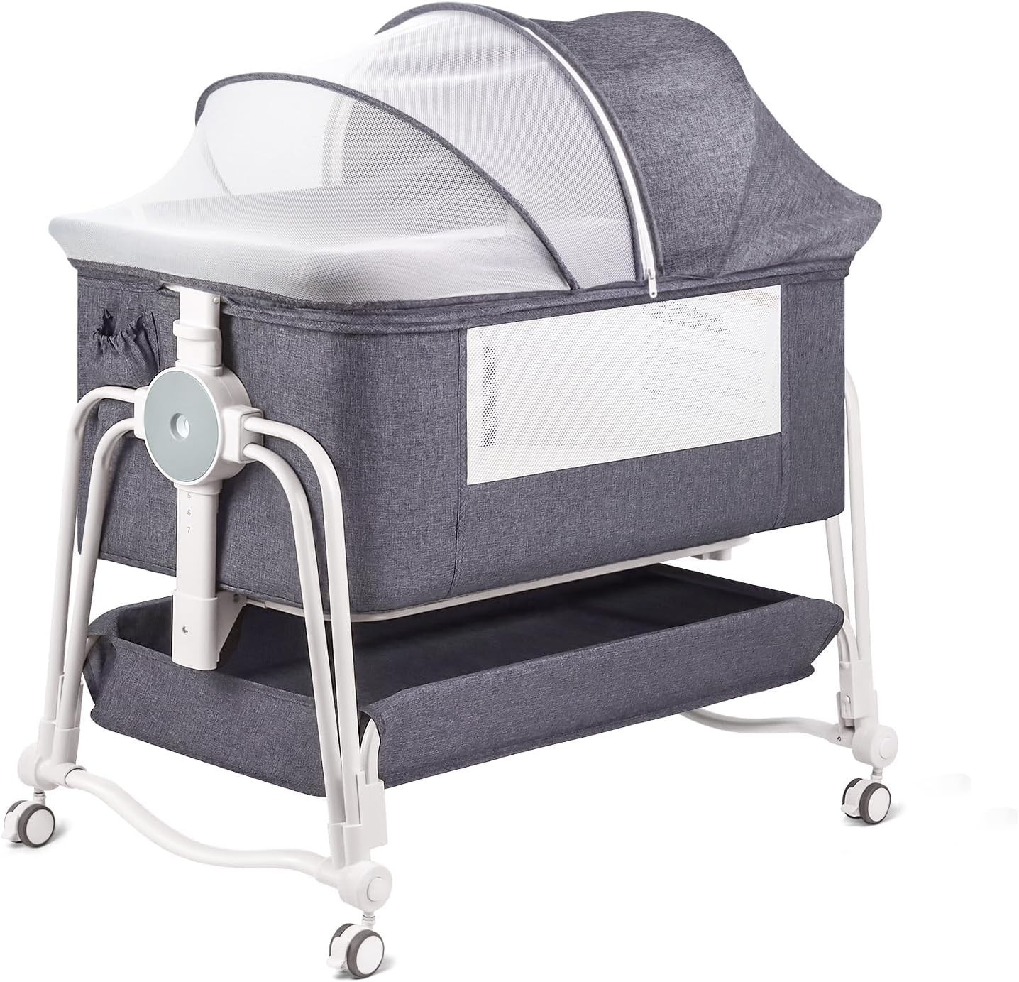 4 in 1 Baby Crib Bedside Cot with Wheels, Mosquito Net & Mattress Grey