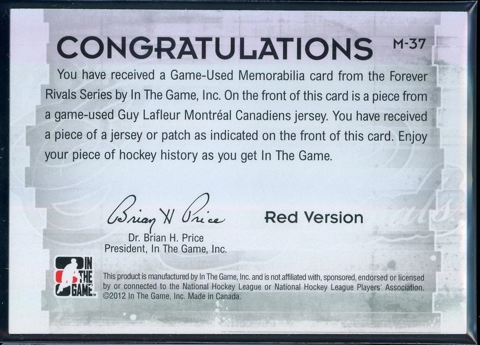 2012-13 ITG Forever Rivals Game Used Jerseys Blue/Red #M37 Guy Lafleur XXX/130 - Image 2 of 2