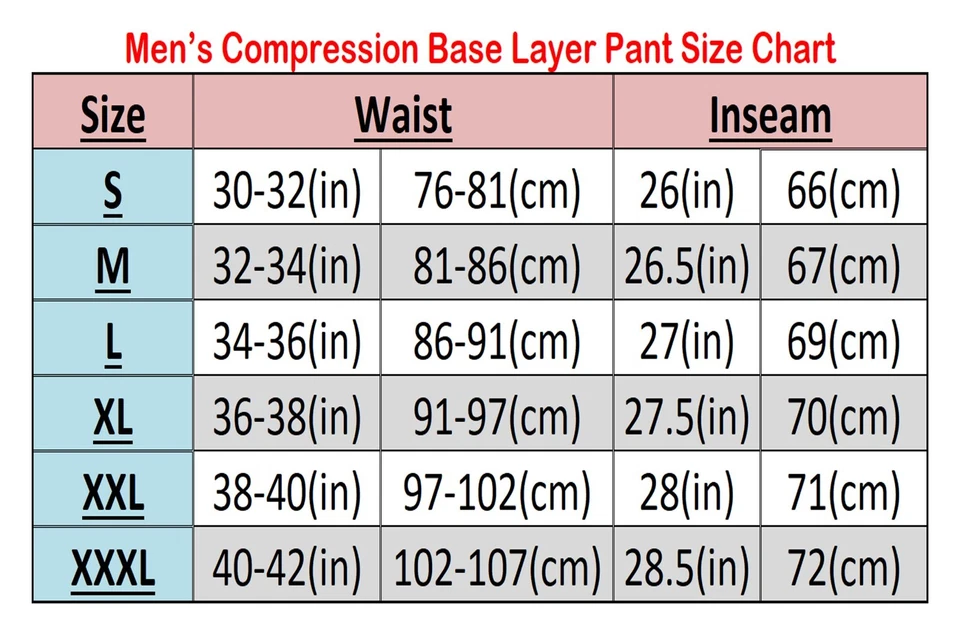  size chart with waist, and inseam measurements