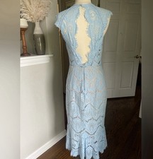 Vici light blue lace open back trumpet midi dress M