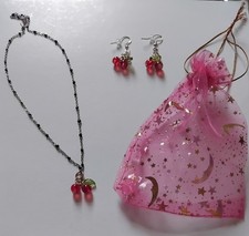 Cherry Charm Pendant Necklace and Earring Set.   Black And Silver.  Handmade.