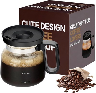 Coffee Pot Mug W/ Lid,16Oz Mini Glass Coffee Pot Coffee Mug W/ Spill Proof Lid &