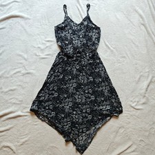 Black and white paisley boho summer dress with handkerchief hem and tie waist