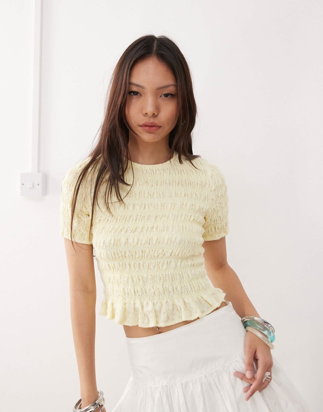 Amy Lynn Eleanor Lace Shirred Top In Lemon Size UK 8 - RRP £45