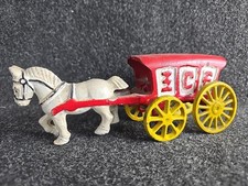 Vintage Cast Iron Ice Horse  Cart Figure Buggy Pulling Wagon Red White