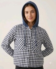 SO Plaid Hooded Flannel Shirt Womens Size S Blue White Button Up Shacket Crop