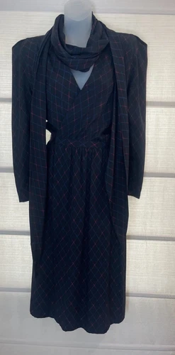 CHRISTIAN DIOR Boutique Paris robe en soie noire à carreaux ~ écharpe/ceinture ~ FR40 US6 ~ EUC