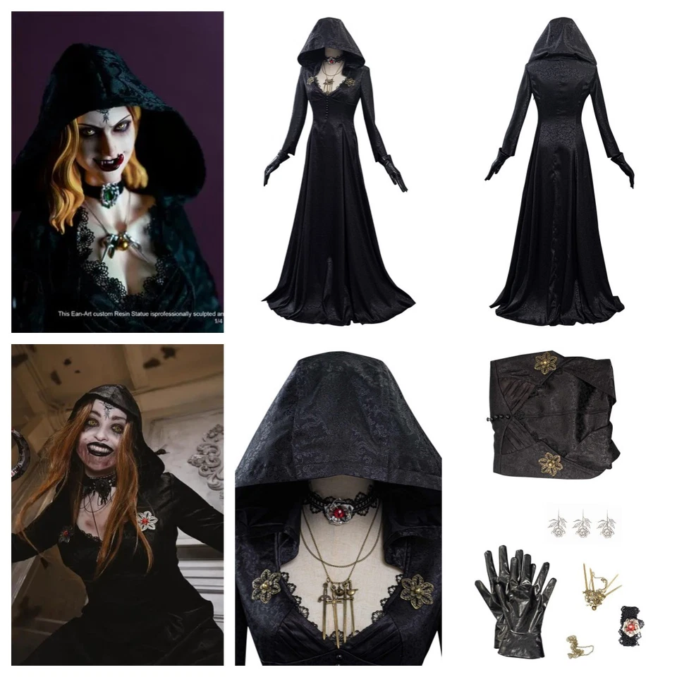 Evil Village Bela Dimitrescu Vampire Black Long dress+Moth Lady Wig Fullset - Image 4 of 4