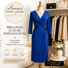Anne Klein Blue Faux Wrap Tie Dress Size 2 Long Sleeve Stretch Career Midi EUC