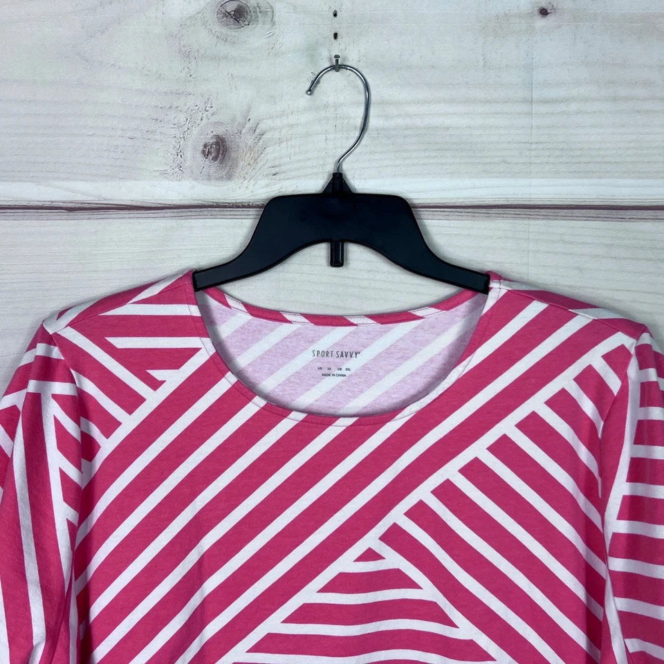 Camiseta deportiva inteligente para mujer 3X rosa a rayas geométricas manga corta cuello redondo Foto 2 de 4