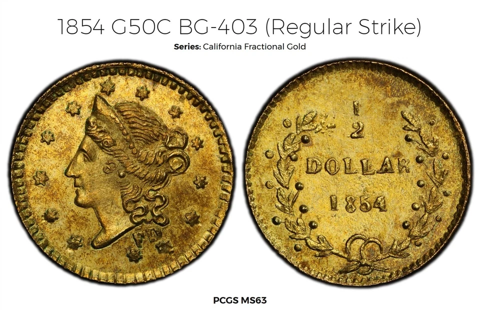 50 centavos redondos 1854-FD. BG-403. Rarity-7. Cabeza Liberty. MS-63 PCGS Placa Moneda! Foto 2 de 4