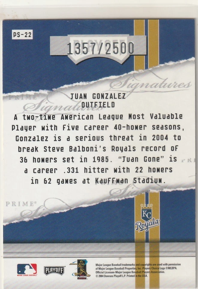 2004 HONORS PRIME SIG. JUAN GONZALEZ 1357/2500 NMMT/MT INV 199 - Image 2 of 2