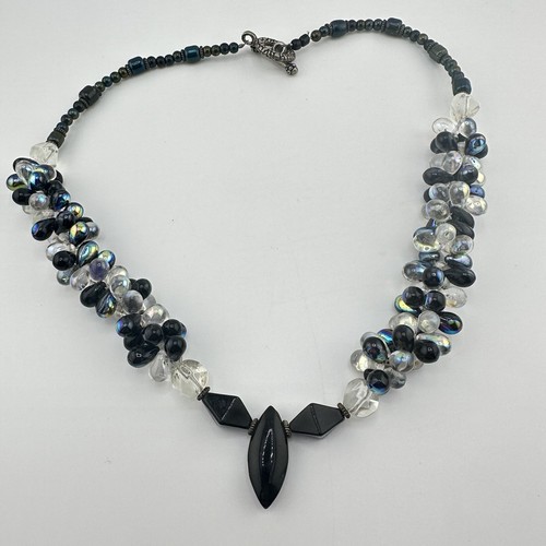 Collana Perline Chacha 18"" Fatta a mano Argento Nero Iridescente Lacrime - Foto 3 di 6
