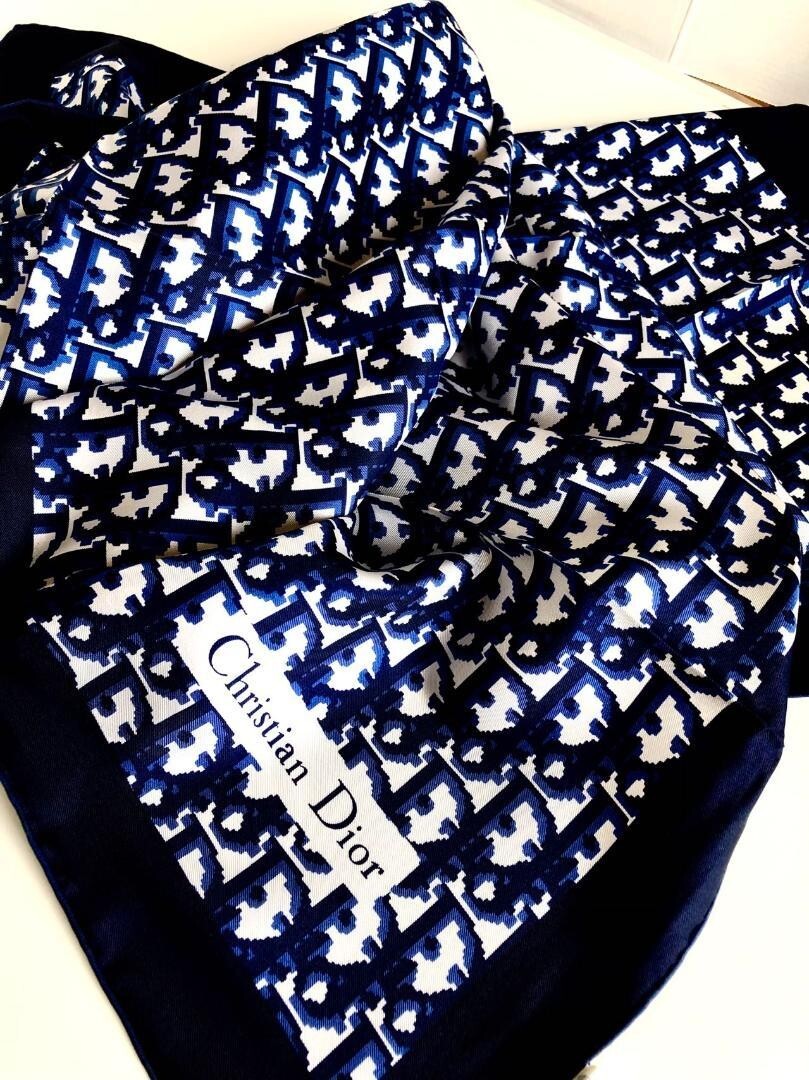 Christian Dior Scarf Trotter Pattern Navy x White 76 x 76cm
