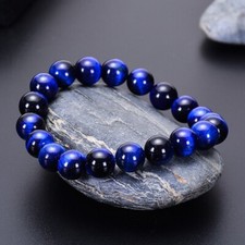 Natural Blue Tiger Eye Crystal Gemstone Elastic Stretch Bracelet 8mm Round Beads